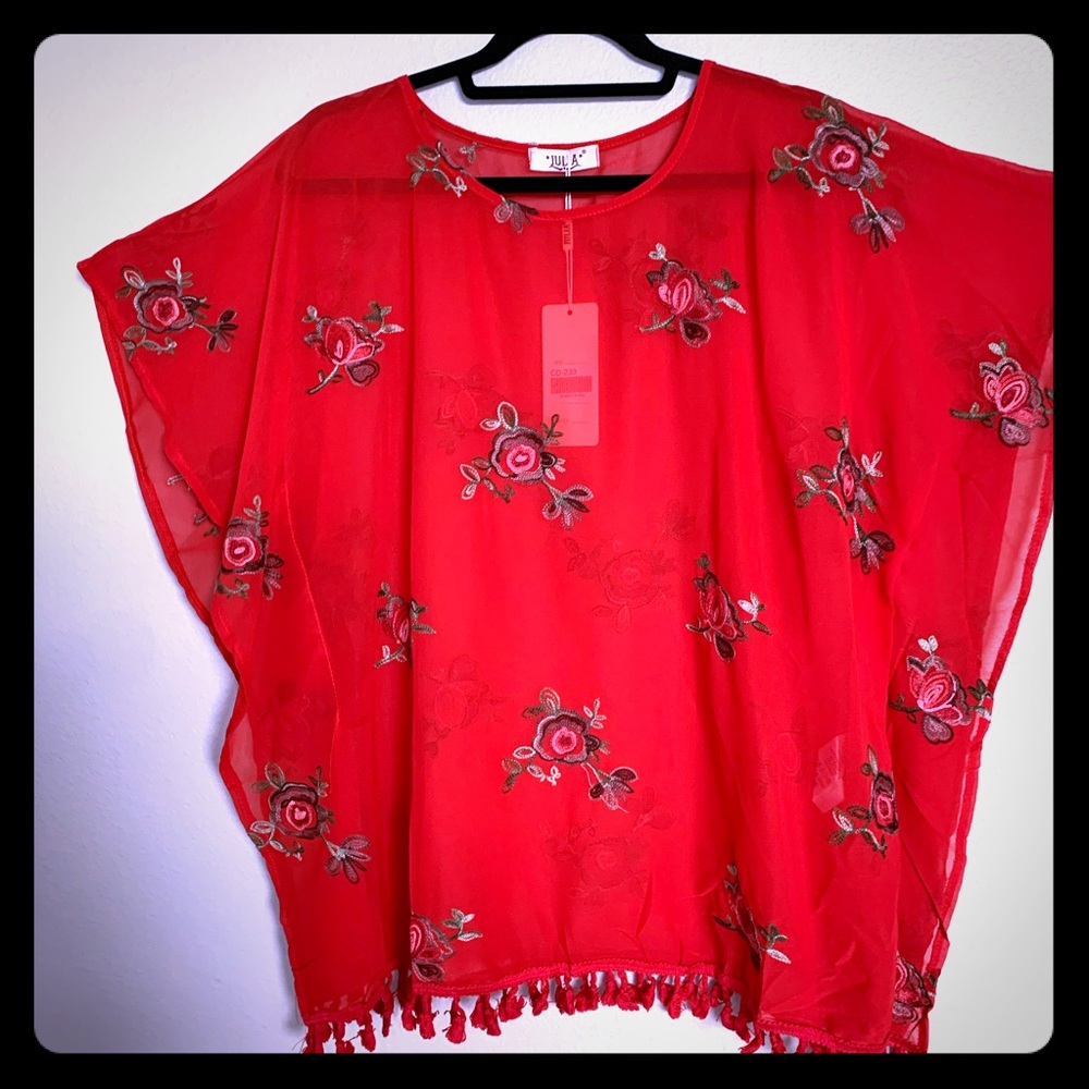Tunic Floral Embroidered Sheer With Tassels OS NWT